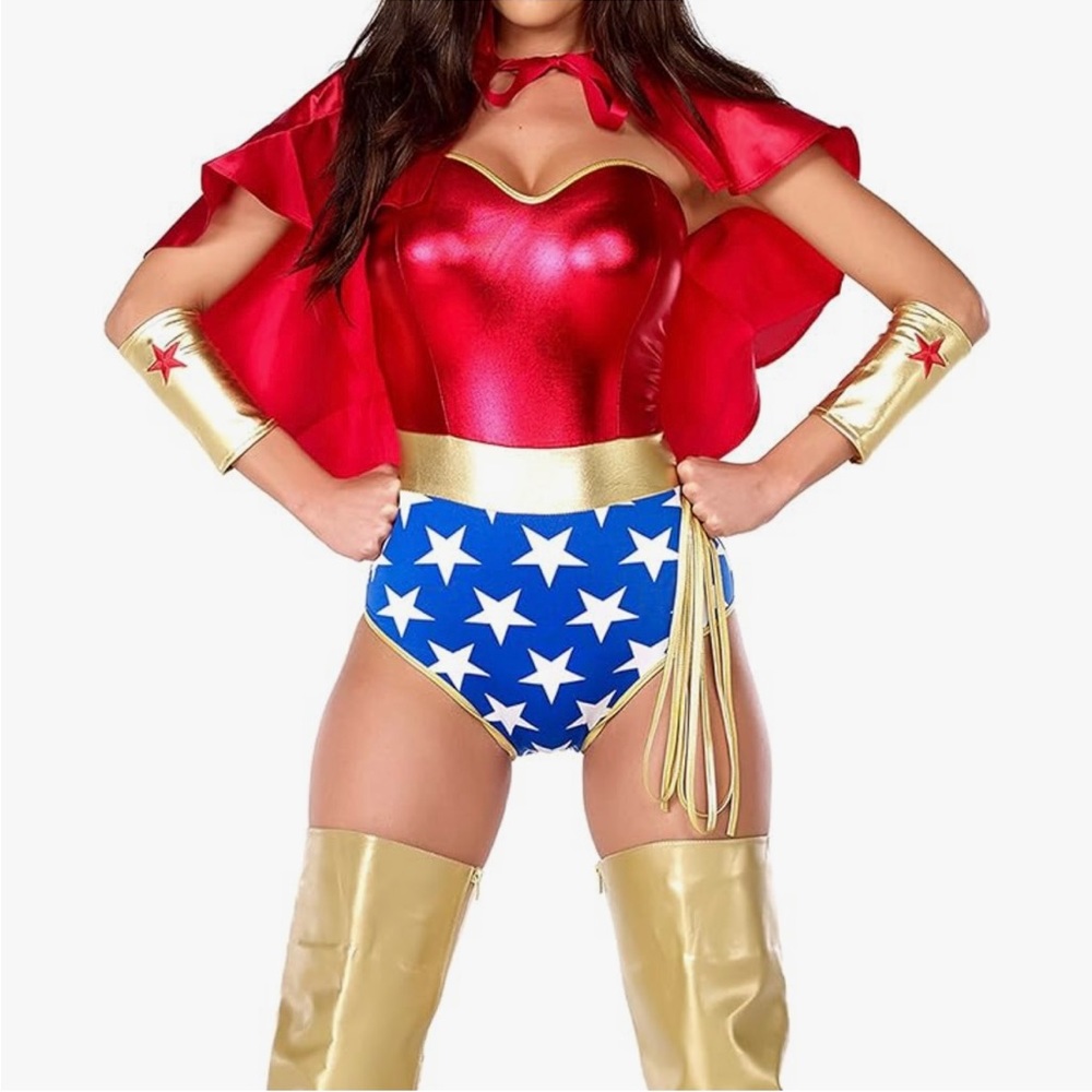 - M/L Wonder Woman Suit by Fore Play sold w: stockings, cape, headband, wr…